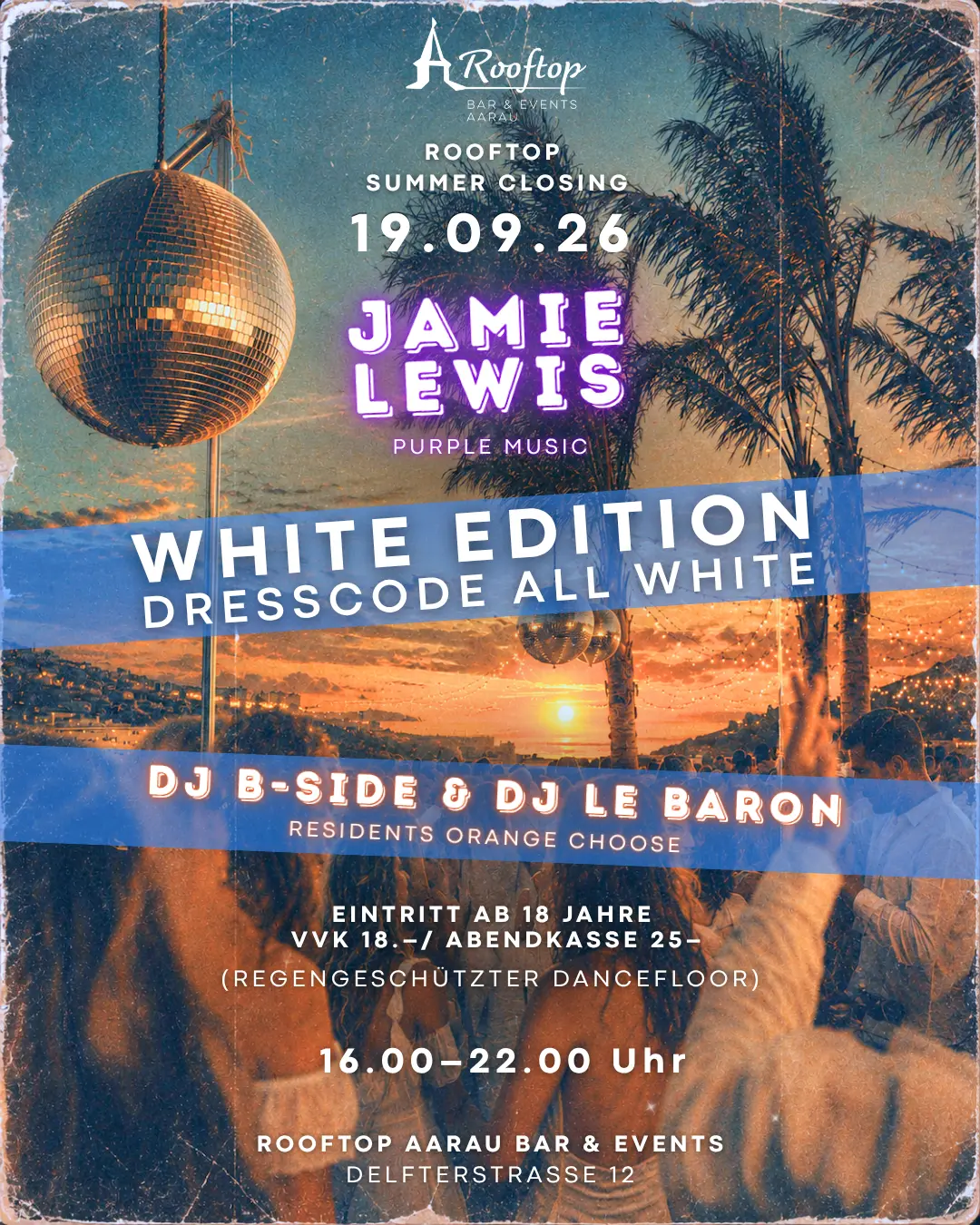 Rooftop Summer Closing White Edition am 19. September 2026 mit Jamie Lewis im Rooftop Aarau