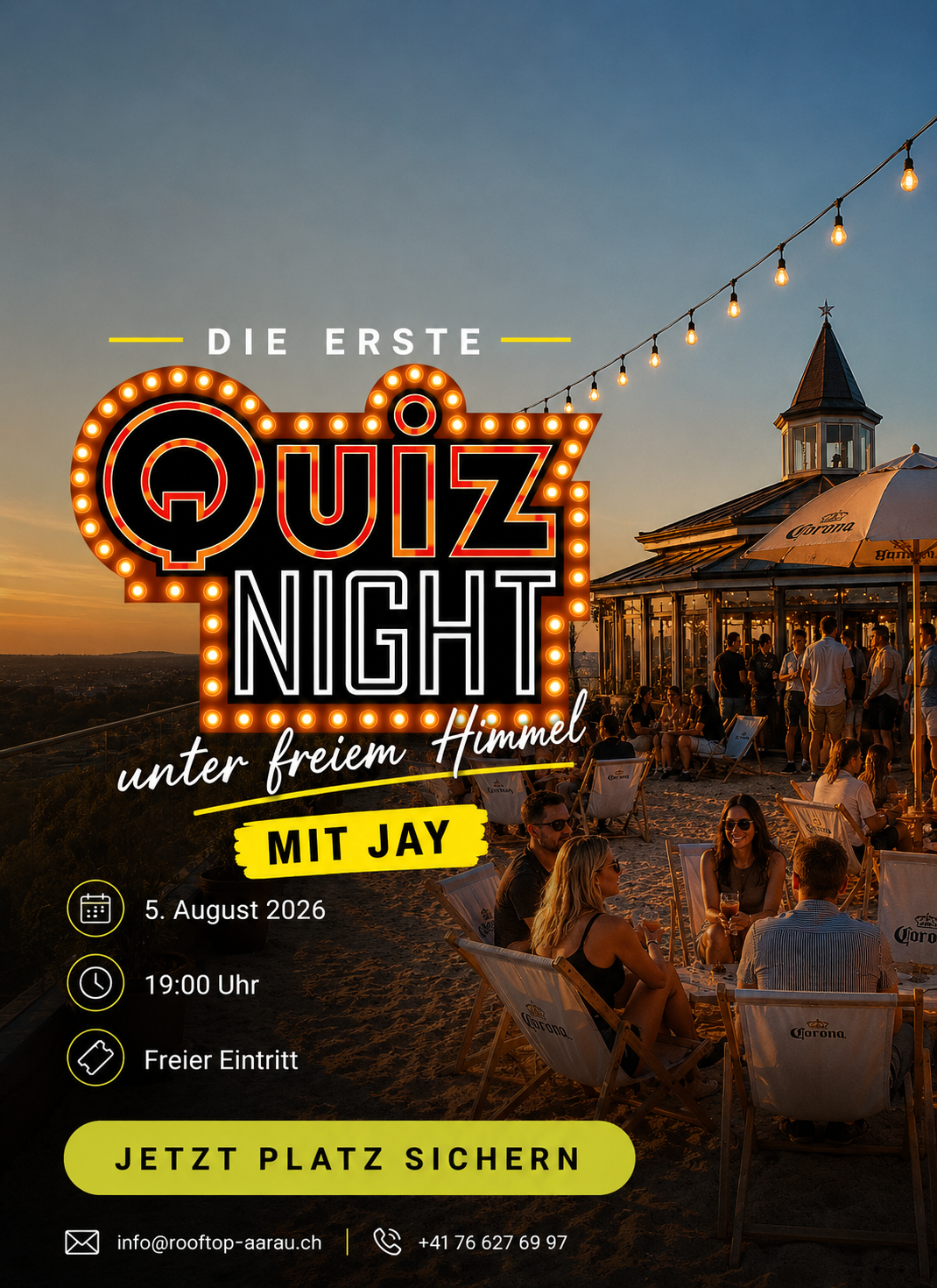 Rooftop Quiz Night mit Jay am 5. August 2026 um 19:00 Uhr – freier Eintritt