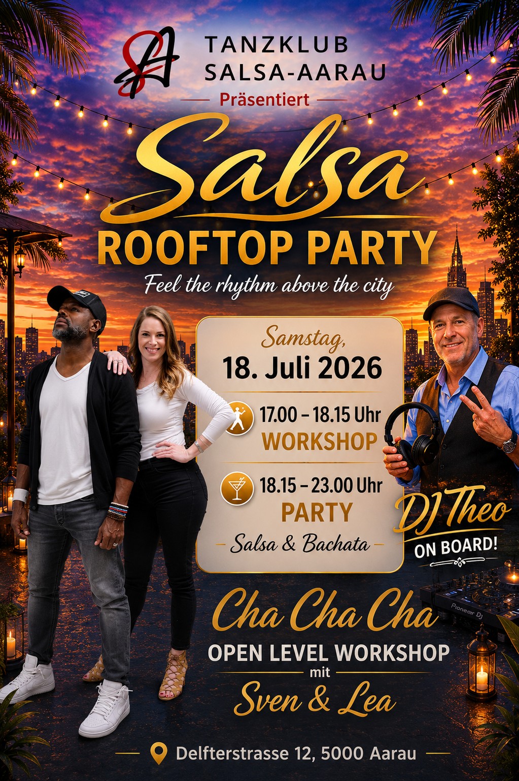 Salsa Rooftop Party am 18. Juli 2026 mit DJ Theo und Workshop mit Sven & Lea