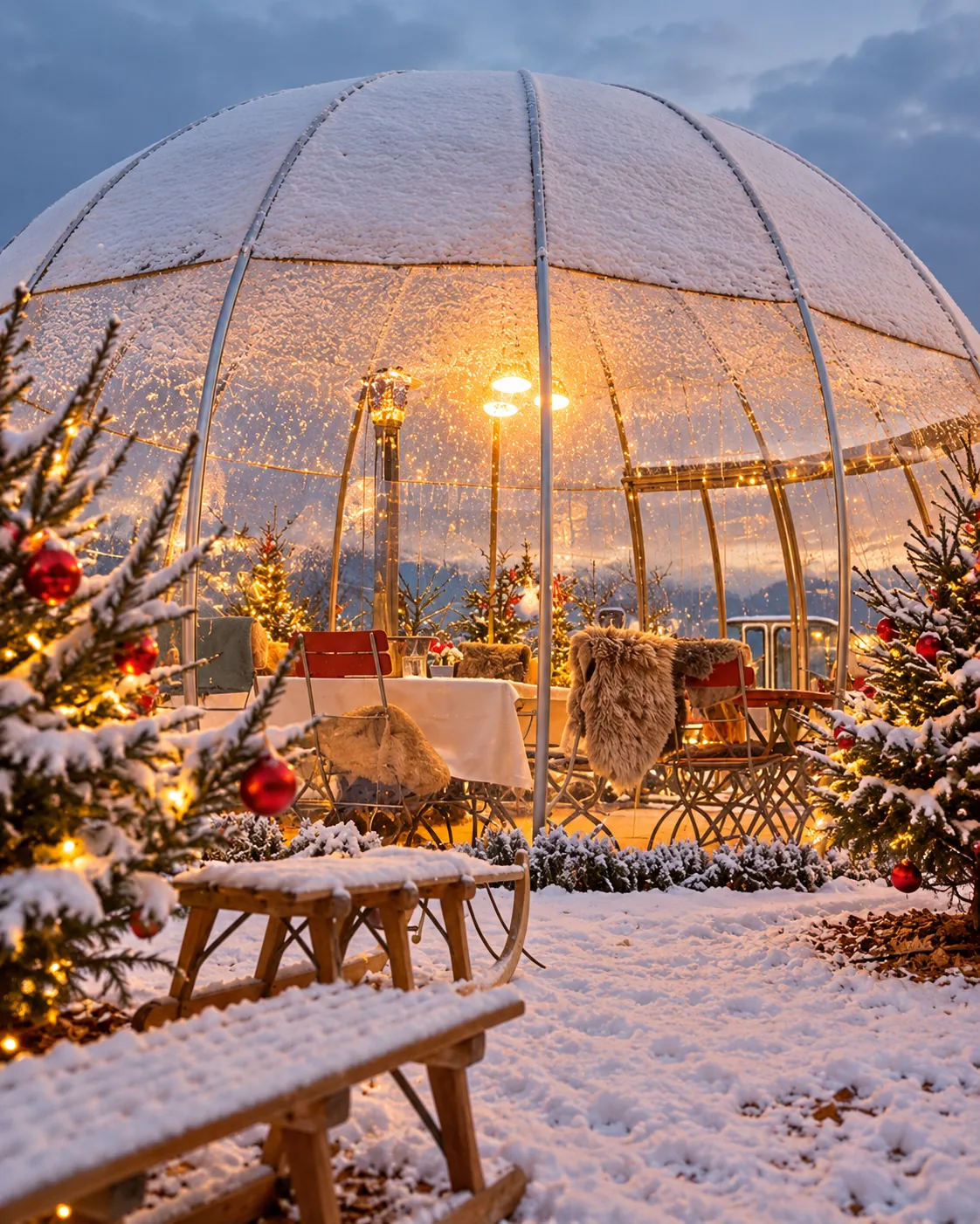 Verschneites Winter-Iglu mit festlich gedeckten Tischen und Schlitten auf dem Rooftop Aarau