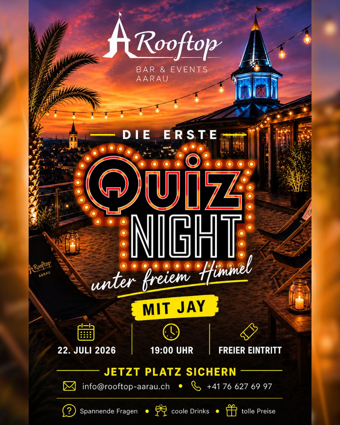 Rooftop Quiz Night mit Jay am 22. Juli 2026 um 19:00 Uhr – freier Eintritt