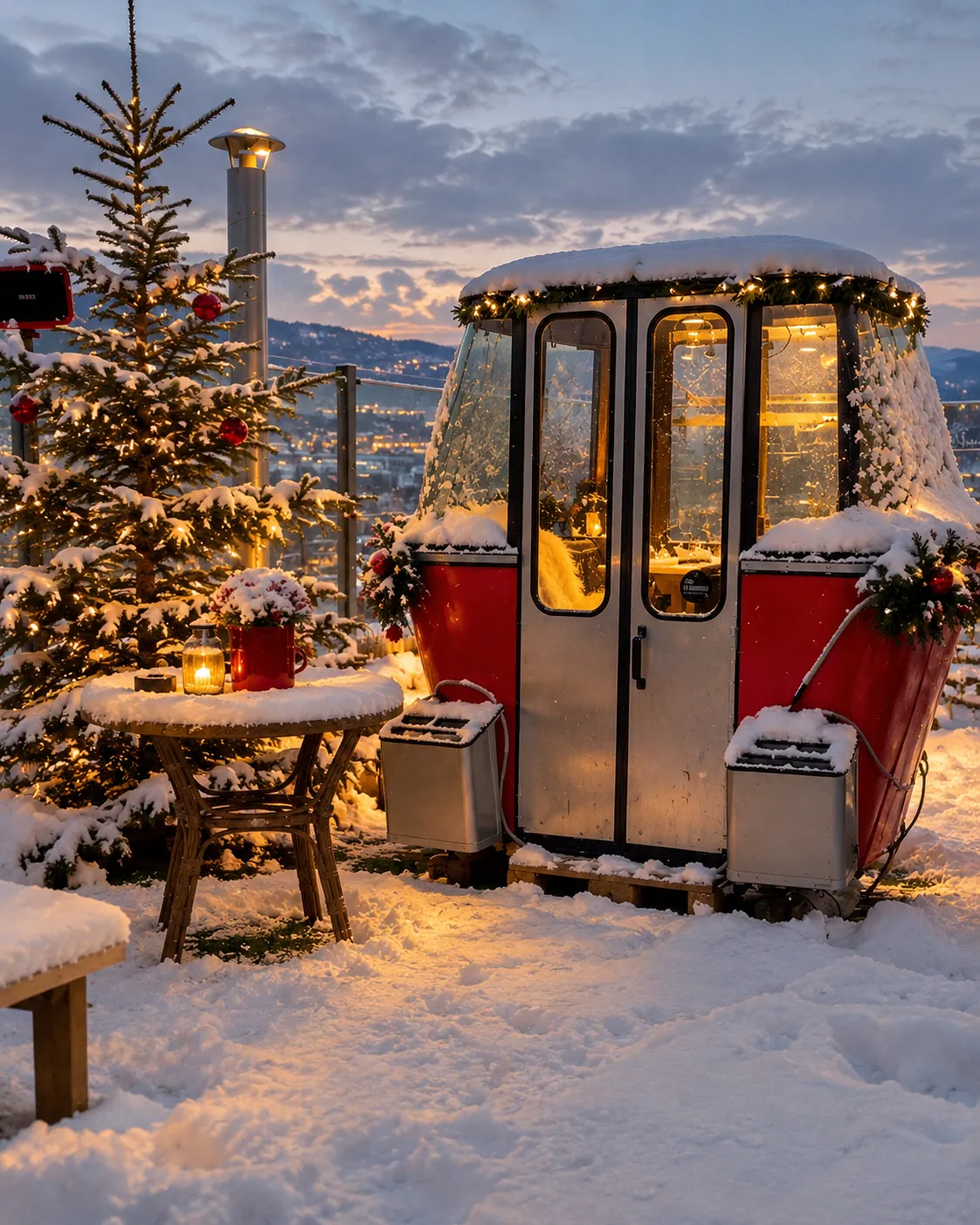 Verschneite rote Fondue-Gondel mit Lichterkette und Weihnachtsbaum beim Winterzauber auf dem Rooftop Aarau