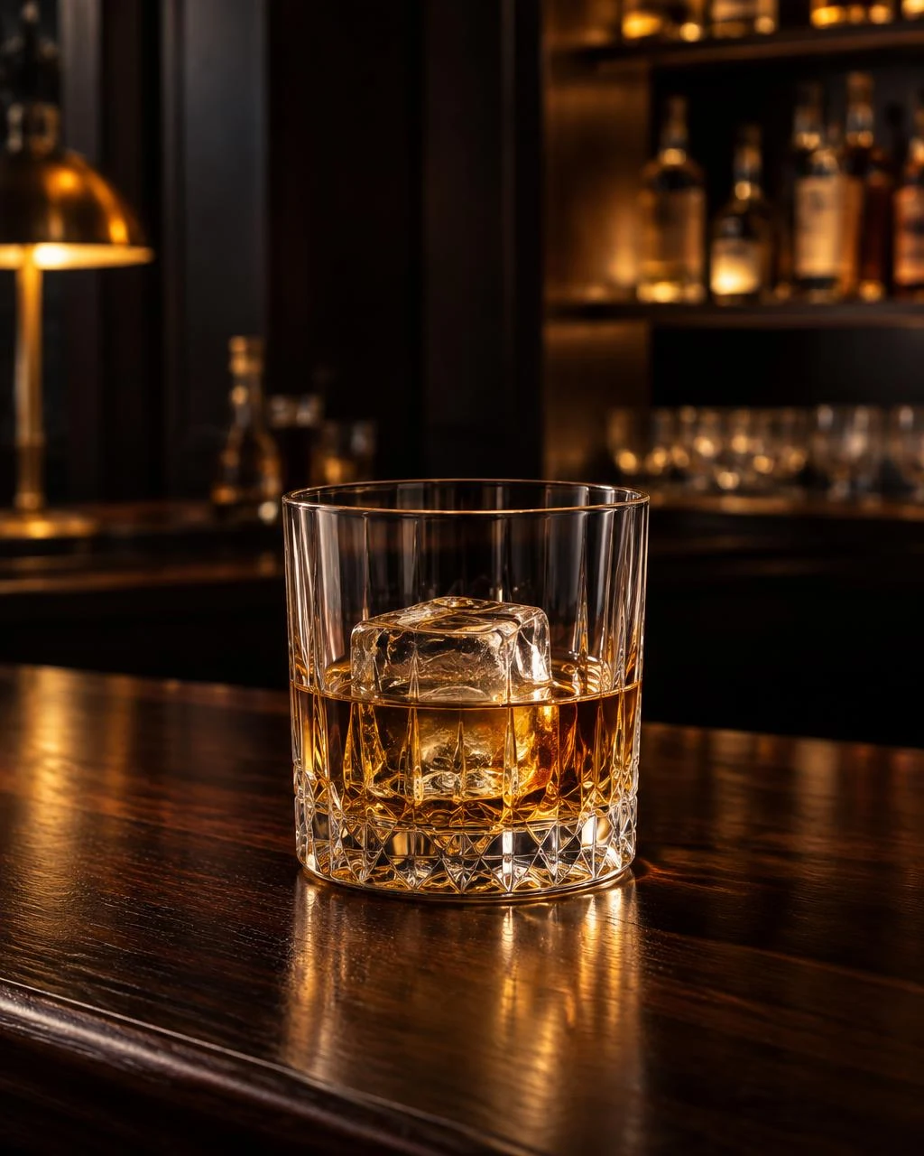 Bernsteinfarbener Whisky im Kristallglas auf einer dunklen Bar im warmen Licht