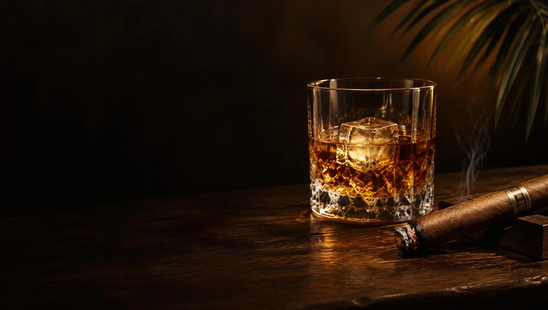 Premium-Produktmotiv mit Whisky im Kristallglas und einer dezent glimmenden Zigarre auf dunklem Holz